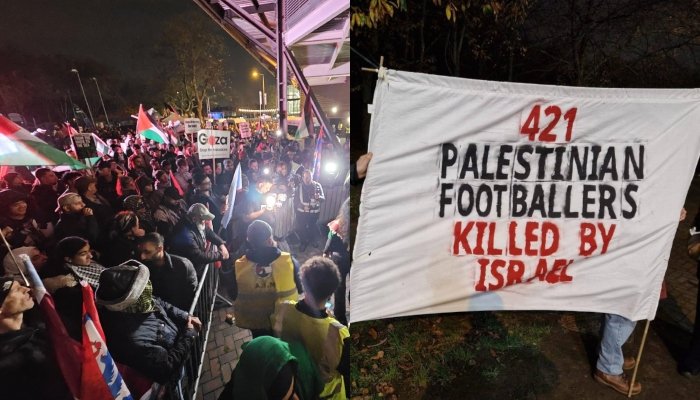 انگلینڈ اور اسرائیلی کلب کے درمیان فٹبال میچ، اسٹیڈیم کے باہر فلسطین کے حق میں بڑا احتجاج