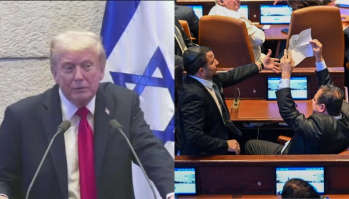 ٹرمپ کے اسرائیلی پارلیمنٹ سے خطاب کے دوران فلسطینی ریاست کے حق میں پوسٹر لہرانے پر 2 ارکان کو باہرنکال دیاگیا